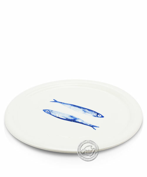 Plato, rund, weiß mit Sardinen blau, volllasiert 32 cm, je Stück