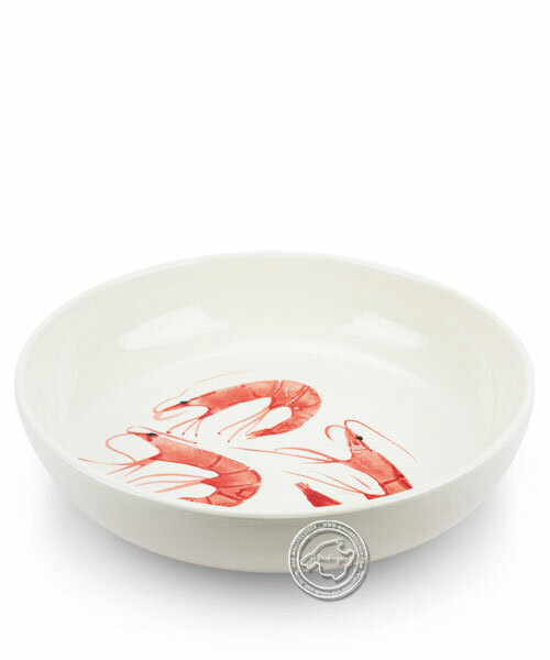 Schale, rund, weiß mit Gambas rot, volllasiert 26 cm, je Stück