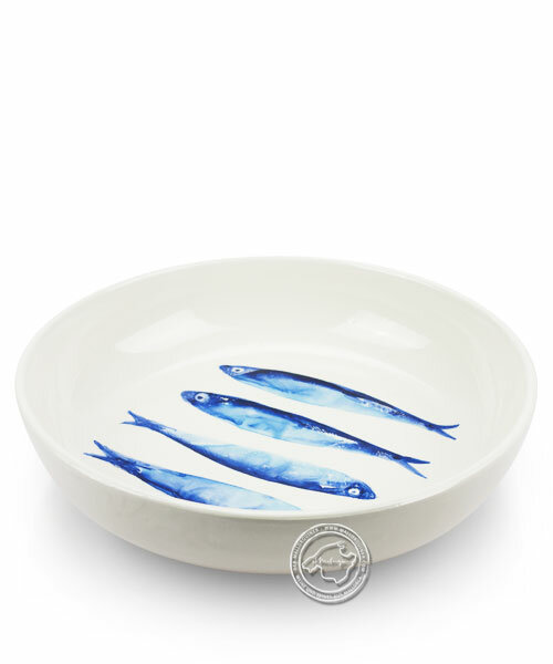 Schale, rund, weiß mit blauen Sardinen, volllasiert 26 cm, je Stück
