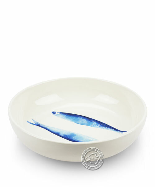 Schale, rund, weiß mit blauen Sardinen, volllasiert 22 cm, je Stück