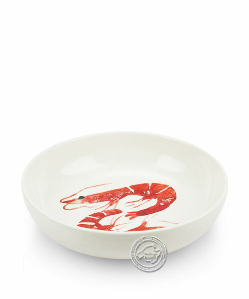Schale, rund, weiß mit Gambas rot, volllasiert 18 cm, je Stück