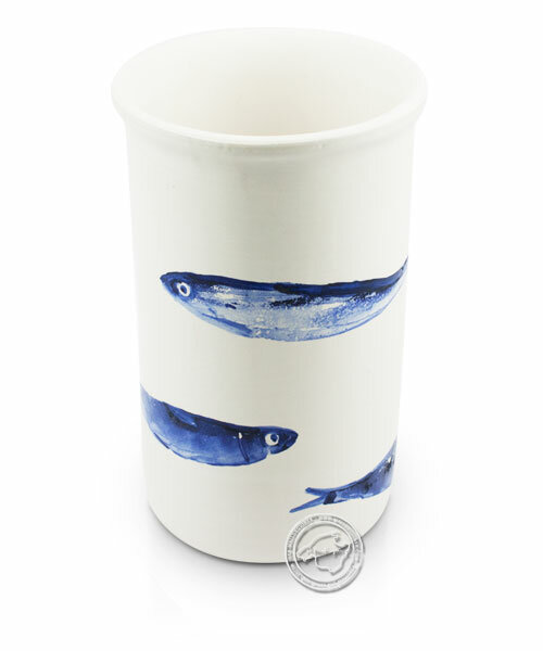 Flaschenkühler/halter, rund, weiß mit blauen Fischen, volllasiert 18 cm, je Stück