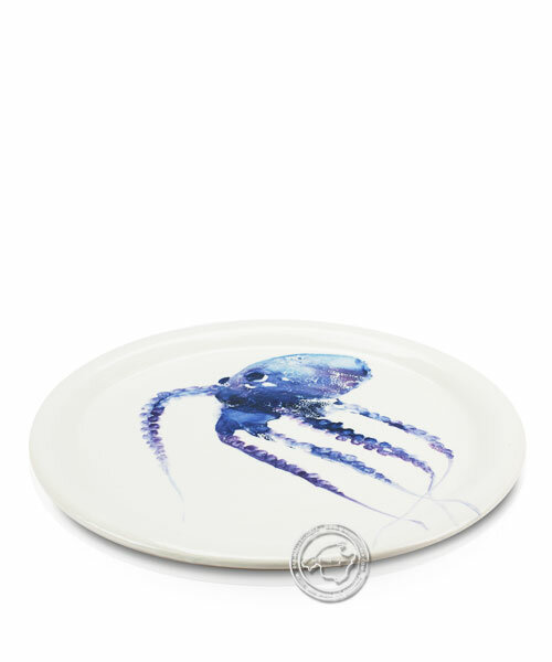 Plato, rund, weiß mit Tintenfisch blau, volllasiert 32 cm, je Stück