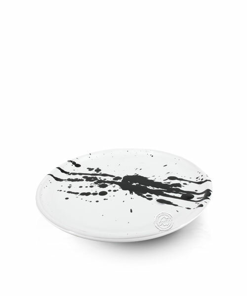 Teller, rund, weiß mit schwarzen Sprizern, volllasiert 19 cm, je Stück