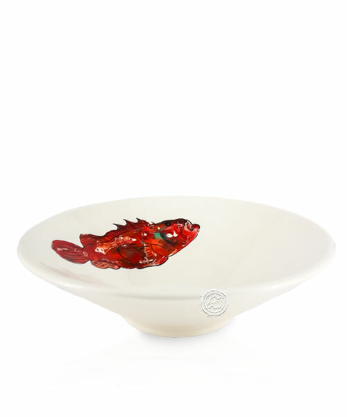 Schale conica, rund, weiß mit roten Fisch, volllasiert 30 cm, je Stück
