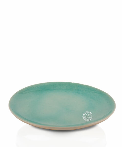 Plato, irregular redondo, blanco/turquesa, completamente esmaltado 26 cm, por pieza